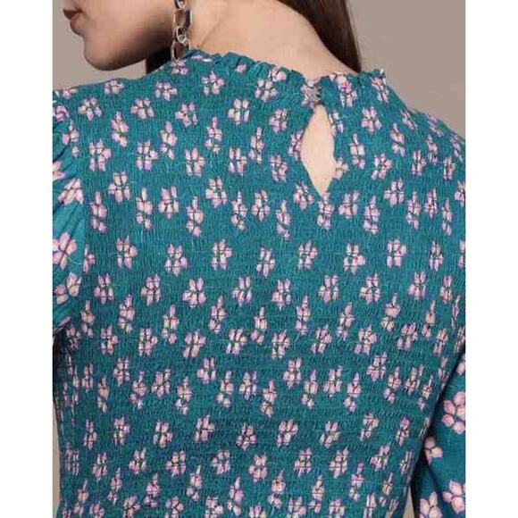 NWT LABEL RITU KUMAR Floral Print Sheath Smocked Dress with Bishop Sleeves Large - Picture 5 of 14